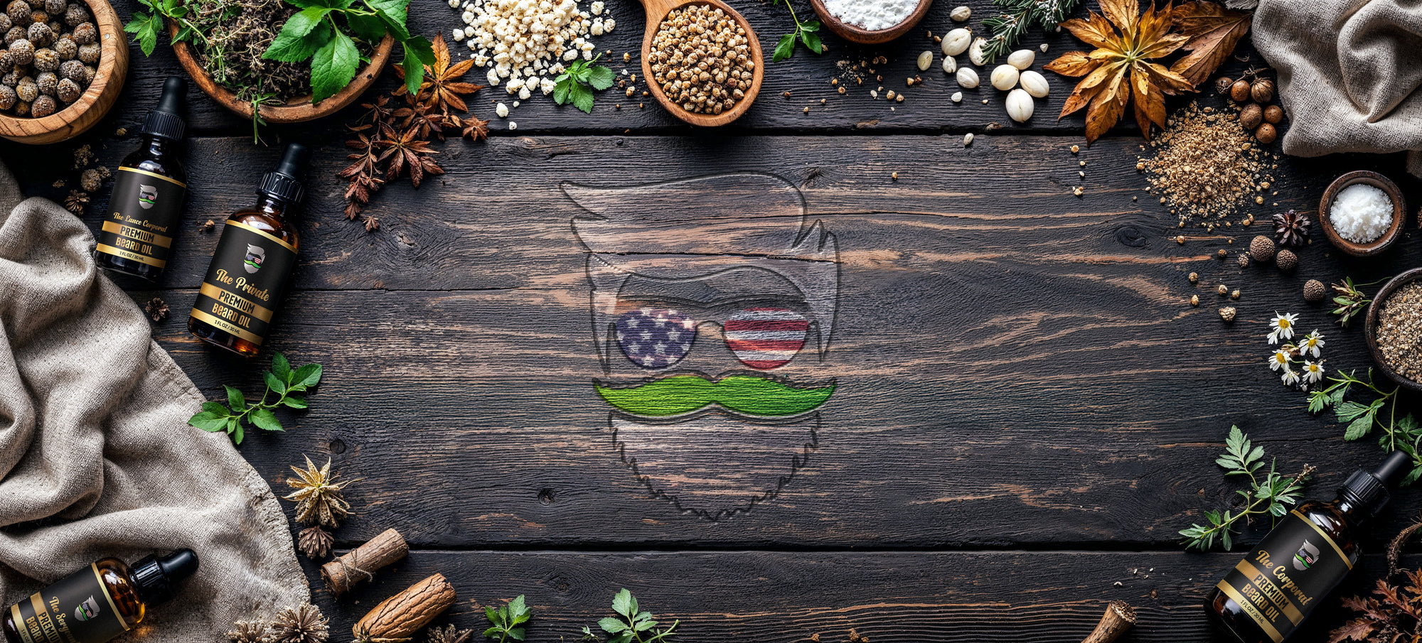 Herbal ingredients and bottles on a wooden surface with a decorative logo.